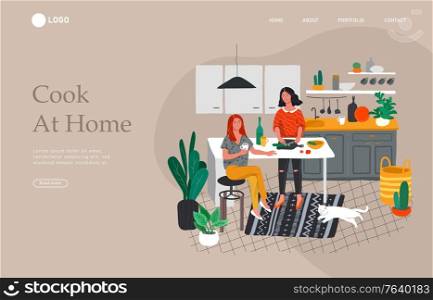 Landing page template with Girlfriends preparing dinner in kitchen drink coffee and talking. Daily life and everyday routine scene by young woman in scandinavian style cozy interior. Cartoon vector illustration. Landing page template with Girlfriends preparing dinner in kitchen drink coffee and talking. Daily life and everyday routine scene by young woman in scandinavian style cozy interior. Cartoon vector