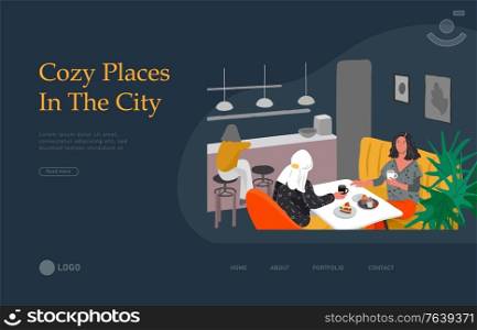 Landing page template with Girlfriends sitting in cafe or bar eating sweets, drinking coffee and talking. Daily life and everyday routine scene by young woman in scandinavian, style cozy interior. Cartoon vector illustration.. Landing page template with Girlfriends sitting in cafe or bar eating sweets, drinking coffee and talking. Daily life and everyday routine scene by young woman in scandinavian, style cozy interior. Cartoon vector