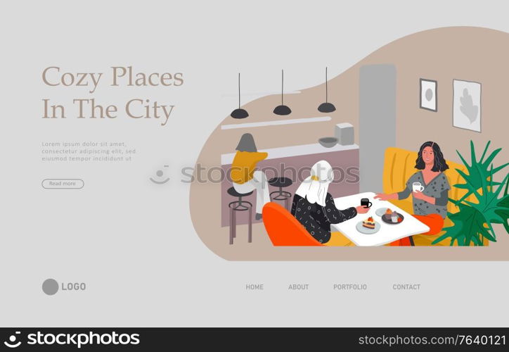 Landing page template with Girlfriends sitting in cafe or bar eating sweets, drinking coffee and talking. Daily life and everyday routine scene by young woman in scandinavian, style cozy interior. Cartoon vector illustration.. Landing page template with Girlfriends sitting in cafe or bar eating sweets, drinking coffee and talking. Daily life and everyday routine scene by young woman in scandinavian, style cozy interior. Cartoon vector