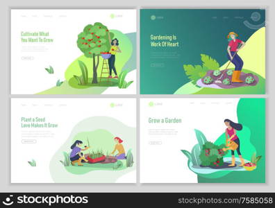 landing page template with happy Harvesting tips and gardening people doing farming job, grow garden, watering, planting, growing and transplant sprouts, lay vegetables. Cartoon character illustration. landing page template with happy Harvesting tips and gardening people doing farming job, grow garden, watering, planting, growing and transplant sprouts, lay vegetables. Cartoon