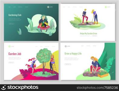 landing page template with happy Harvesting tips and gardening people doing farming job, grow garden, watering, planting, growing and transplant sprouts, lay vegetables. Cartoon character illustration. landing page template with happy Harvesting tips and gardening people doing farming job, grow garden, watering, planting, growing and transplant sprouts, lay vegetables. Cartoon
