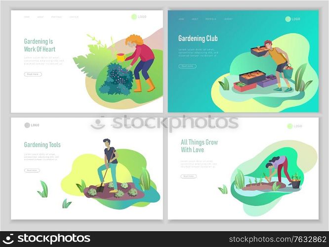 landing page template with happy Harvesting tips and gardening people doing farming job, grow garden, watering, planting, growing and transplant sprouts, lay vegetables. Cartoon character illustration. landing page template with happy Harvesting tips and gardening people doing farming job, grow garden, watering, planting, growing and transplant sprouts, lay vegetables. Cartoon