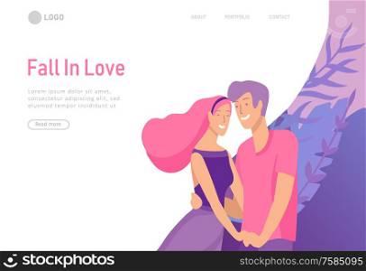 landing page template with Happy Lover Relationship, online dating scenes with romantic couple kissing, hugging, walking. Characters Valentine day Set. Colorful vector illustration. Happy Lover Relationship, scenes with romantic couple kissing, hugging, riding bicycle, walking, playing tennis, guitar, doing yoga, dansing. Characters Valentine day Set. Colorful vector