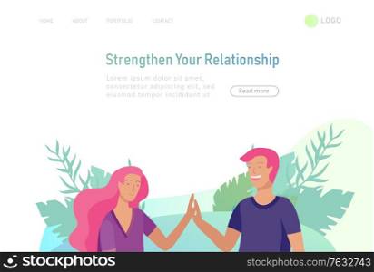 landing page template with Happy Lover Relationship, online dating scenes with romantic couple kissing, hugging, walking. Characters Valentine day Set. Colorful vector illustration. Happy Lover Relationship, scenes with romantic couple kissing, hugging, riding bicycle, walking, playing tennis, guitar, doing yoga, dansing. Characters Valentine day Set. Colorful vector