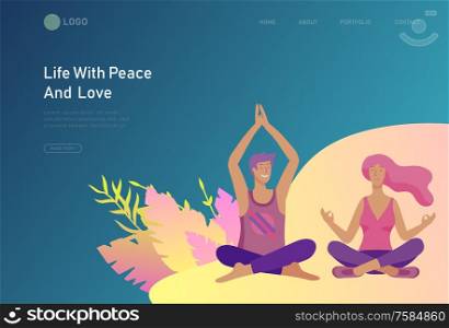landing page template with Happy Lover Relationship, scenes with romantic couple doing yoga. Characters Valentine day Set. Colorful illustration. landing page template with Happy Lover Relationship, scenes with romantic couple doing yoga. Characters Valentine day Set. Colorful