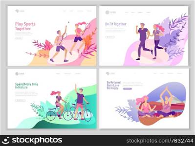 landing page template with Happy Lover Relationship, scenes with romantic couple walking outdoor, playing tennis, doing yoga, running, ride a bike. Characters Valentine day Set. Colorful illustration. landing page template with Happy Lover Relationship, scenes with romantic couple walking outdoor, playing tennis, doing yoga, running, ride a bike. Characters Valentine day Set. Colorful
