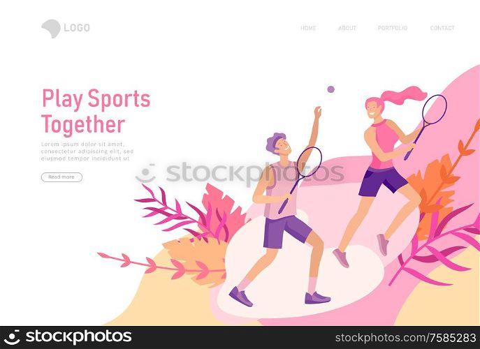 landing page template with Happy Lover Relationship, scenes with romantic couple walking outdoor, playing tennis. Characters Valentine day Set. Colorful illustration. landing page template with Happy Lover Relationship, scenes with romantic couple walking outdoor, playing tennis. Characters Valentine day Set. Colorful