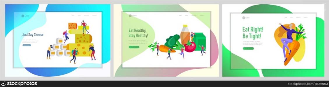Landing page template with Happy People with healthy food, jumping and dansing. Veggie recipe, healthy diet and detox concept, eco friendly lifestyle. Colorful illustration. Landing page template with Happy People with vegetable and healthy food, jumping and dansing. Veggie recipe, vegetarian diet and detox concept, eco friendly lifestyle. Colorful