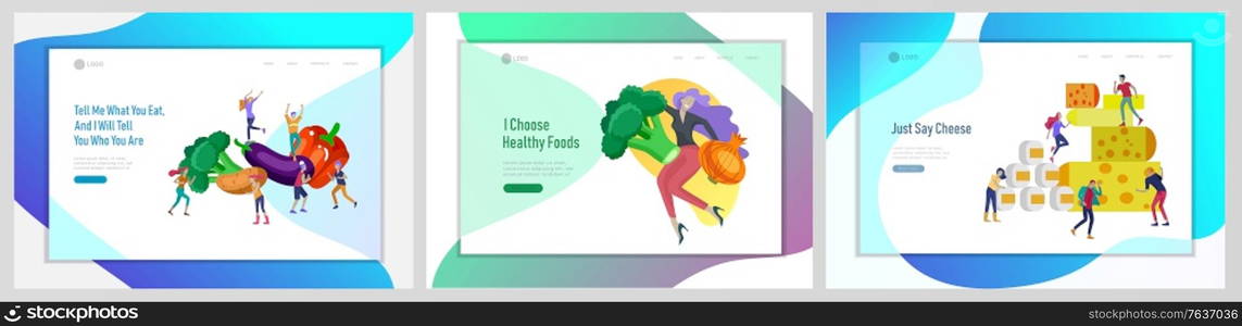 Landing page template with Happy People with healthy food, jumping and dansing. Veggie recipe, healthy diet and detox concept, eco friendly lifestyle. Colorful illustration. Landing page template with Happy People with vegetable and healthy food, jumping and dansing. Veggie recipe, vegetarian diet and detox concept, eco friendly lifestyle. Colorful