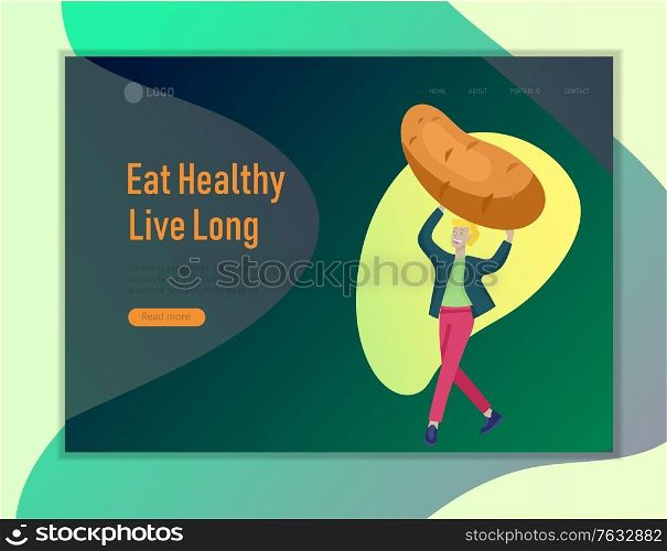Landing page template with Happy People with vegetable, man jumping and dansing. Vegetarianism, healthy lifestyle. Veggie recipe, vegetarian diet and detox, eco friendly. Colorful illustration. Landing page template with Happy People with vegetable, woman jumping and dansing. Vegetarianism, healthy lifestyle. Veggie recipe, vegetarian diet and detox, eco friendly. Colorful