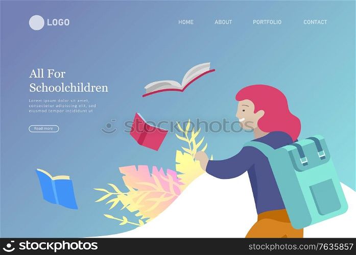 Landing page template with Happy school children joyfully jumping and laughing. Concept of happiness, gladness and fun. Vector illustration for banner, poster, website, invitation.. Landing page template with Happy school children joyfully jumping and laughing. Concept of happiness, gladness and fun. Vector illustration for banner