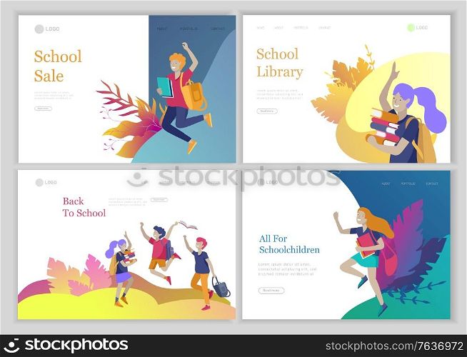 Landing page template with Happy school children joyfully jumping and laughing. Concept of happiness, gladness and fun. Vector illustration for banner, poster, website, invitation.. Landing page template with Happy school children joyfully jumping and laughing. Concept of happiness, gladness and fun. Vector illustration for banner