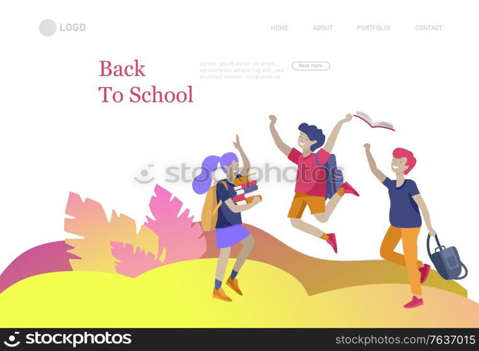 Landing page template with Happy school children joyfully jumping and laughing. Concept of happiness, gladness and fun. Vector illustration for banner, poster, website, invitation.. Landing page template with Happy school children joyfully jumping and laughing. Concept of happiness, gladness and fun. Vector illustration for banner