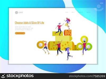 Landing page template with little jumping happy people and Cheese Packaging. Different types of cheese. Organic Milk Food Making Concept. Dairy Production. Flat Cartoon Vector Illustration. Female Character with Journal Control Cheese Packaging Landing Page. Organic Milk Food Making Concept. Dairy Production Manufacturing Line Website or Web Page. Flat Cartoon Vector Illustration