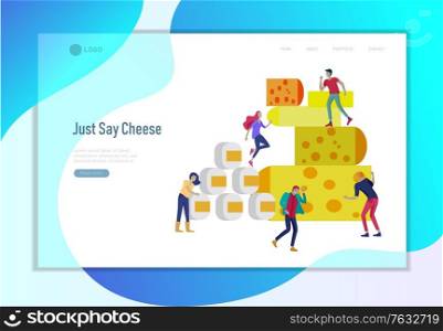 Landing page template with little jumping happy people and Cheese Packaging. Different types of cheese. Organic Milk Food Making Concept. Dairy Production. Flat Cartoon Vector Illustration. Female Character with Journal Control Cheese Packaging Landing Page. Organic Milk Food Making Concept. Dairy Production Manufacturing Line Website or Web Page. Flat Cartoon Vector Illustration