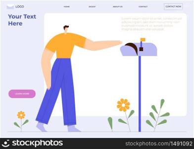 Landing page template with man and mailbox. Mail service concept, cartoon male character receiving letter. Flat vector illustration.