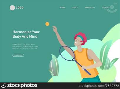 Landing page template with man doing tennis workout. People performing sports outdoor activities at park or Nature. Cartoon illustration. Landing page template with People group running, riding bicycles, tennis workout, doing yoga. Family and children performing sports outdoor activities at park or Nature. Cartoon
