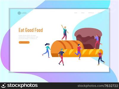 Landing Page template with people and bakery products. Male and Female Character Make with Bread, Muffin. Bakery Cooking Concept Website or Web Page. Flat Cartoon Vector Illustration. Landing Page template with people and bakery products. Male and Female Character Make with Bread, Muffin. Bakery Cooking Concept Website or Web Page. Flat Cartoon Vector