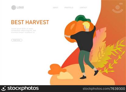 Landing page template with People gathering crops or seasonal harvest, collecting ripe vegetables. Men, women work on a farm. Agricultural workers in autumn. Cartoon vector illustration. Landing page template with People gathering crops or seasonal harvest, collecting ripe vegetables. Men, women work on a farm. Agricultural workers in autumn. Cartoon vector