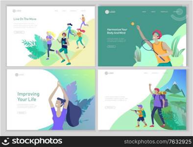 Landing page template with People group running, man playing tennis, girl doing yoga. Father with son are hiking. Family performing sports outdoor activities at park or Nature. Cartoon illustration. Landing page template with People group running, man playing tennis, girl doing yoga. Father with son are hiking. Family performing sports outdoor activities at park or Nature. Cartoon