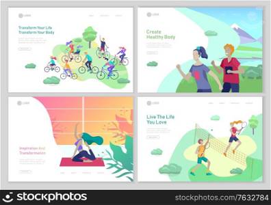 Landing page template with People group running, riding bicycles, tennis workout, doing yoga. Family and children performing sports outdoor activities at park or Nature. Cartoon illustration. Landing page template with People group running, riding bicycles, tennis workout, doing yoga. Family and children performing sports outdoor activities at park or Nature. Cartoon