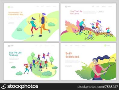 Landing page template with People group running, riding bicycles, tennis workout, rollerblading. Family and children performing sports outdoor activities at park or Nature. Cartoon illustration. Landing page template with People group running, riding bicycles, tennis workout, rollerblading. Family and children performing sports outdoor activities at park or Nature. Cartoon