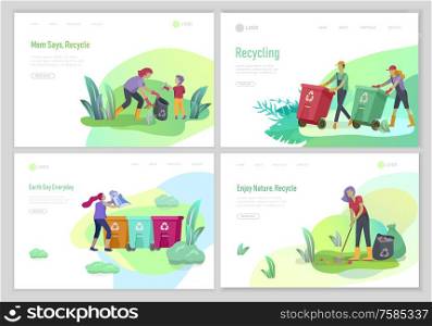 Landing page template with people Recycle Sort Garbage in different container for Separation to Reduce Environment Pollution. Family with kids collect garbage. Earth Day vector cartoon illustration. Landing page template with people Recycle Sort Garbage in different container for Separation to Reduce Environment Pollution. Family with kids collect garbage. Earth Day vector cartoon