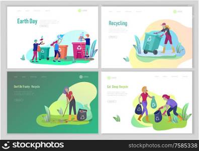 Landing page template with people Recycle Sort Garbage in different container for Separation to Reduce Environment Pollution. Family with kids collect garbage. Earth Day vector cartoon illustration. Landing page template with people Recycle Sort Garbage in different container for Separation to Reduce Environment Pollution. Family with kids collect garbage. Earth Day vector cartoon