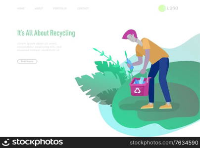 Landing page template with people Recycle Sort Garbage in different container for Separation to Reduce Environment Pollution. Family garbage. Earth Day vector cartoon illustration. Landing page template with people Recycle Sort Garbage in different container for Separation to Reduce Environment Pollution. Family with kids collect garbage. Earth Day vector cartoon