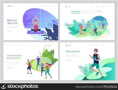Landing page template with People running, riding bicycles, man doing yoga. People performing sports outdoor activities at park or Nature, healty life style concept. Cartoon illustration. Landing page template with running man, play tennis, children riding bicycles, man doing yoga. People performing sports outdoor activities at park or Nature, healty life style. Cartoon