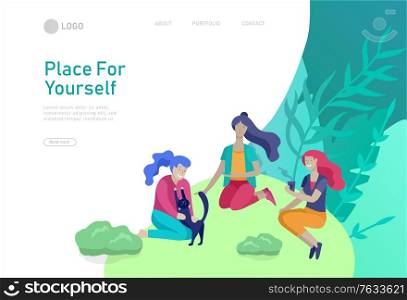 Landing page template with People Spending Time, Relaxing on Nature concept. Womans friends have picnic, talking, drink coffee and play with cat. Cartoon style vector illustration. Landing page template with People Spending Time, Relaxing on Nature concept. Womans friends have picnic, talking, drink coffee and play with cat. Cartoon style vector