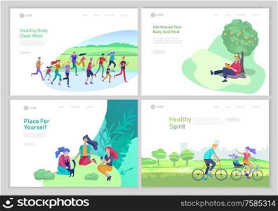 Landing page template with People Spending Time, Relaxing on Nature concept, man reading book, family rides a bicycle, people group running, woman with cat have picnic. Cartoon illustration. Landing page template with People Spending Time, Relaxing on Nature concept, man reading book, family rides a bicycle, people group running, woman with cat have picnic. Cartoon