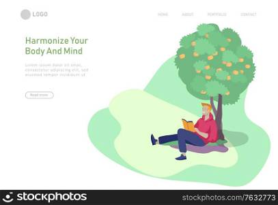 Landing page template with People Spending Time, Relaxing on Nature concept, man reading book under the tree and have picnic. Cartoon illustration. Landing page template with People Spending Time, Relaxing on Nature concept, man reading book, family rides a bicycle, people group running, woman with cat have picnic. Cartoon