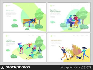Landing page template with People Spending Time, Relaxing on Nature, family with child reading book, walking dog, man sleep on bench, group people listen playing guitar girl. Cartoon illustration. Landing page template with People Spending Time, Relaxing on Nature, family with child reading book, walking dog, man sleep on bench, group people listen playing guitar girl. Cartoon