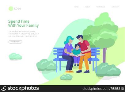 Landing page template with People Spending Time, Relaxing on Nature, family with child reading book. Cartoon illustration. Landing page template with People Spending Time, Relaxing on Nature, family with child reading book, walking dog, man sleep on bench, group people listen playing guitar girl. Cartoon