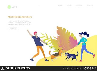 Landing page template with People Spending Time, Relaxing on Nature, man and woman walking dog. Cartoon illustration. Landing page template with People Spending Time, Relaxing on Nature, family with child reading book, walking dog, man sleep on bench, group people listen playing guitar girl. Cartoon