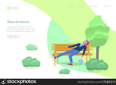 Landing page template with People Spending Time, Relaxing on Nature, man sleep on bench. Cartoon illustration. Landing page template with People Spending Time, Relaxing on Nature, family with child reading book, walking dog, man sleep on bench, group people listen playing guitar girl. Cartoon