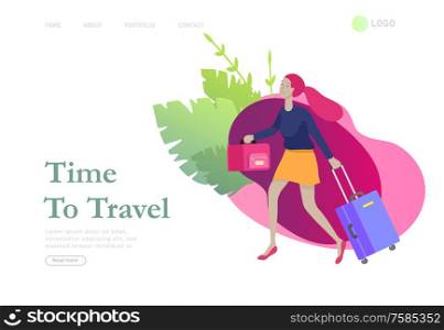 landing page template with people travel on vacation. Tourists with laggage travelling with family, friends and alone, go on journey. Time to happy travel. Vector illustration cartoon style. landing page template with people travel on vacation. Tourists with laggage travelling with family, friends and alone, go on journey. Time to happy travel. Vector illustration cartoon
