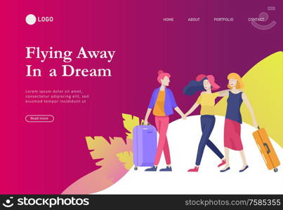 landing page template with people travel on vacation. Tourists with laggage travelling with family, friends and alone, go on journey. Time to happy travel. Vector illustration cartoon style. landing page template with people travel on vacation. Tourists with laggage travelling with family, friends and alone, go on journey. Time to happy travel. Vector illustration cartoon