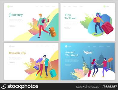 landing page template with people travel on vacation. Tourists with laggage travelling with family, friends and alone, go on journey. Time to happy travel. Vector illustration cartoon style. landing page template with people travel on vacation. Tourists with laggage travelling with family, friends and alone, go on journey. Time to happy travel. Vector illustration cartoon