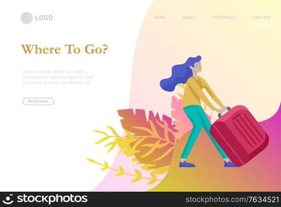 landing page template with people travel on vacation. Tourists with laggage travelling with family, friends and alone, go on journey. Time to happy travel. Vector illustration cartoon style. landing page template with people travel on vacation. Tourists with laggage travelling with family, friends and alone, go on journey. Time to happy travel. Vector illustration cartoon