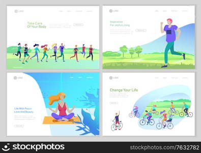 Landing page template with running group people, girl doing yoga workout, man run, group cycling. Healty life concept. People performing sports outdoor activities at Nature. Cartoon illustration. Landing page template with running group people, girl doing yoga workout, man run, group cycling. Healty life concept. People performing sports outdoor activities at Nature. Cartoon