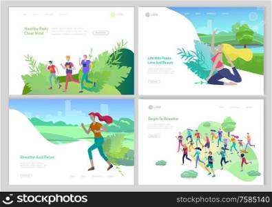 Landing page template with running group People, girl doing yoga workout, woman run. Healty life concept. People performing sports outdoor activities at park or Nature. Cartoon illustration. Landing page template with running group People, girl doing yoga workout, woman run. Healty life concept. People performing sports outdoor activities at park or Nature. Cartoon