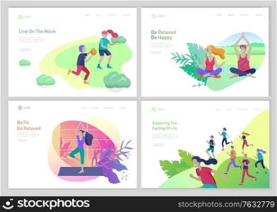 Landing page template with running group People, man and woman doing yoga workout,children play ball. Healty life concept. People sports outdoor activities at park. Cartoon illustration. Landing page template with running group People, man and woman doing yoga workout,children play ball. Healty life concept. People sports outdoor activities at park. Cartoon
