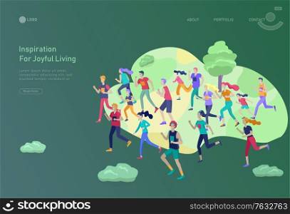 Landing page template with running group People, man doing workout, couple running. Healty life concept. People performing sports outdoor activities. Cartoon illustration. Landing page template with running group People, man doing workout, couple running on sunset. Healty life concept. People performing sports outdoor activities. Cartoon