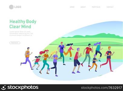 Landing page template with running group People, man doing workout, couple running. Healty life concept. People performing sports outdoor activities. Cartoon illustration. Landing page template with running group People, man doing workout, couple running on sunset. Healty life concept. People performing sports outdoor activities. Cartoon