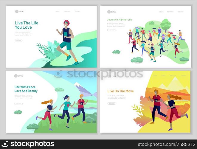 Landing page template with running group People, man doing workout, couple running on sunset. Healty life concept. People performing sports outdoor activities. Cartoon illustration. Landing page template with running group People, man doing workout, couple running on sunset. Healty life concept. People performing sports outdoor activities. Cartoon