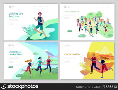 Landing page template with running group People, man doing workout, couple running on sunset. Healty life concept. People performing sports outdoor activities. Cartoon illustration. Landing page template with running group People, man doing workout, couple running on sunset. Healty life concept. People performing sports outdoor activities. Cartoon