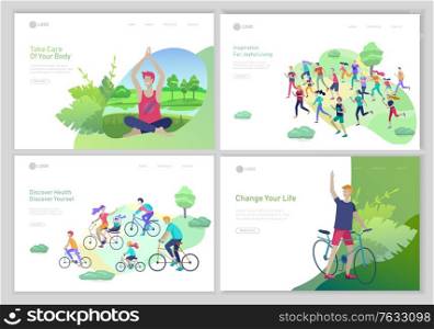 Landing page template with running man, family riding bicycles, man doing yoga. People performing sports outdoor activities concept at park or Nature, healty life style. Cartoon illustration. Landing page template with running man, family riding bicycles, man doing yoga. People performing sports outdoor activities concept at park or Nature, healty life style. Cartoon