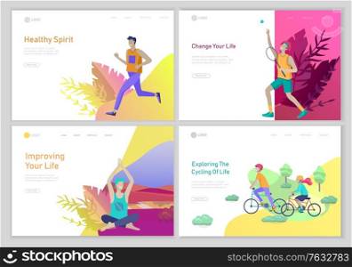 Landing page template with running man, play tennis, children riding bicycles, man doing yoga. People performing sports outdoor activities at park or Nature, healty life style. Cartoon illustration. Landing page template with running man, play tennis, children riding bicycles, man doing yoga. People performing sports outdoor activities at park or Nature, healty life style. Cartoon
